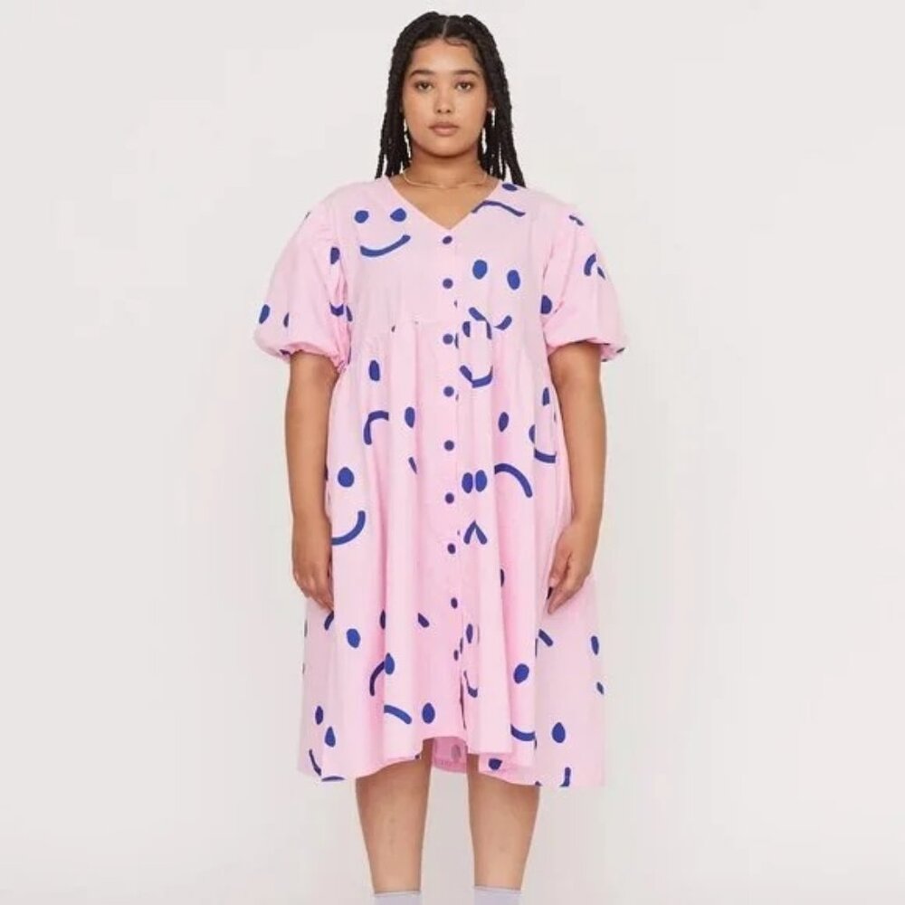 Pink & Navy Puff Lazy Oaf Happy/Sad Midi Dress Size UK14/ Fits like US 12/14